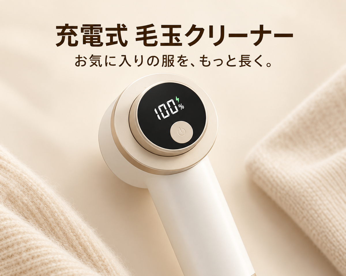 充電式毛玉クリーナー（ホワイト×ゴールド）。デジタル残量ディスプレイと電源ボタンを搭載。ニットの上に置かれた全体イメージ。